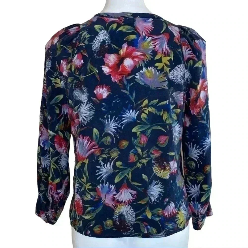 J. Crew Silk Pleated Floral peplum popover Blouse Top Navy Blue Multicol… - Picture 5 of 7